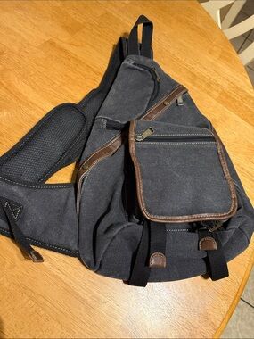 Men's Canvas Sling Belt Bag in Dark Gray with Brown Trim